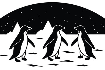 Obraz premium Three Penguins Standing on Snowy Ground, Under a Starry Night, Mountains in Background