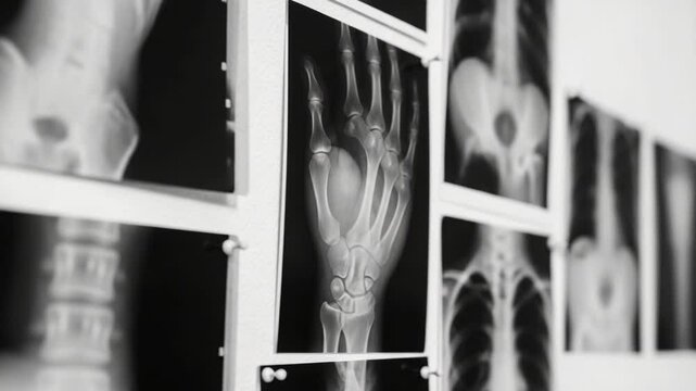 Xray photograph of a human wrist and hand viewed in a radiology light box