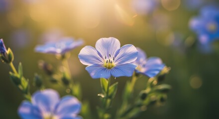 A Captivating Close-Up of Delicate Flax Flowers Blooming Under the Warm Gaze of a Gentle Golden Sunlight Streaming from Above