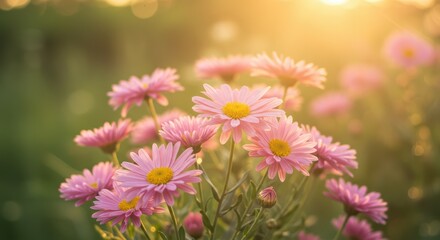 Obraz premium A Serene Garden Landscape Featuring Blooming Pink Flowers Bathed in the Warm Glow of the Golden Hour Sunlight
