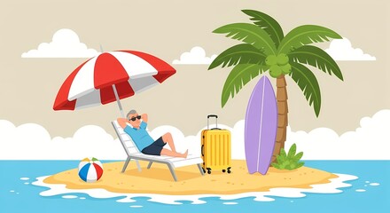 Relaxing Island Beach Scene with Man Lounging Under Umbrella and Travel Items