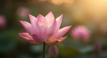 Obraz premium Capturing the Essence of Serenity A Pink Lotus in a Golden Light Displaying the Beauty of Nature in Perfect Harmony