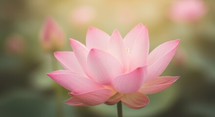 Fototapeta premium Elegant Pink Lotus Blossom Radiating Serenity and Tranquility in Soft Light Creating an Atmosphere of Spiritual Peace and Harmony