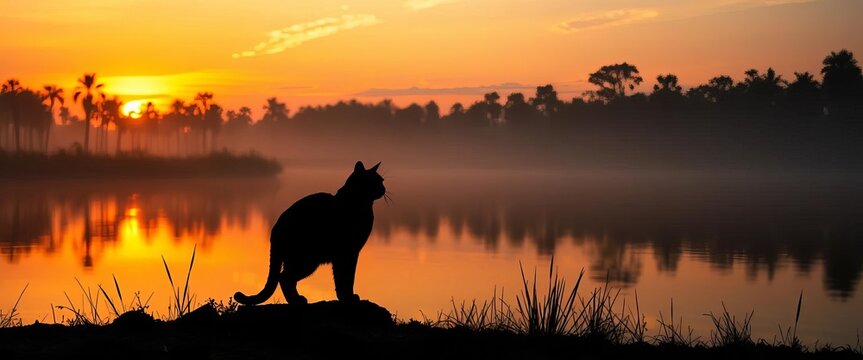 Sunset silhouettes of feline on tranquil pond's edge,  outdoors,  dusk