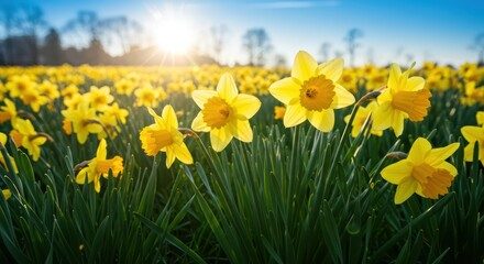 Fototapeta premium A Vibrant Meadow of Daffodils Blooming Under the Sunny Sky Creating a Picturesque Spring Landscape