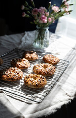 Healthy homemade oat bagels on rustic sunny background. Place for text.