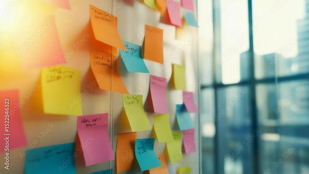 Poster Colorful sticky notes are attached to a whiteboard, creating a vibrant display of ideas and tasks in a sunlit office environment with a blurred cityscape visible through a large window