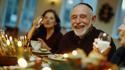 A cheerful older man wearing a yarmulke at a Hanukkah meal, smiling widely as he shares the festive moment with others around him.