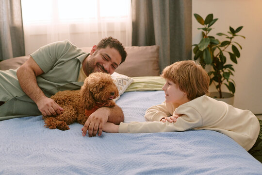 Caucasian boy and Middle Eastern man lying on bed interacting with small brown dog, both smiling and making eye contact with pet, capturing first pet at home experience