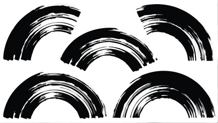 Five black brush stroke arcs arranged in a pattern on a white background creating a simple design