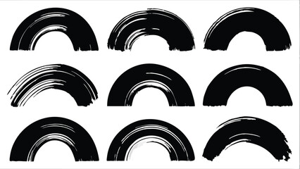A grid of nine black brush stroke arcs on a white background in various styles and textures