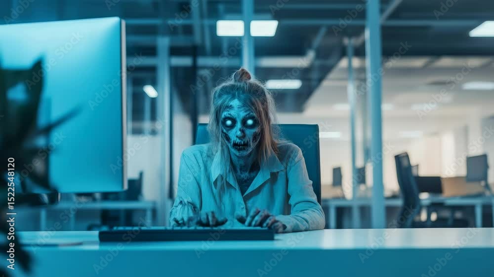 Poster post apocalyptic office scene features an undead woman, her face decaying, diligently typing on a co