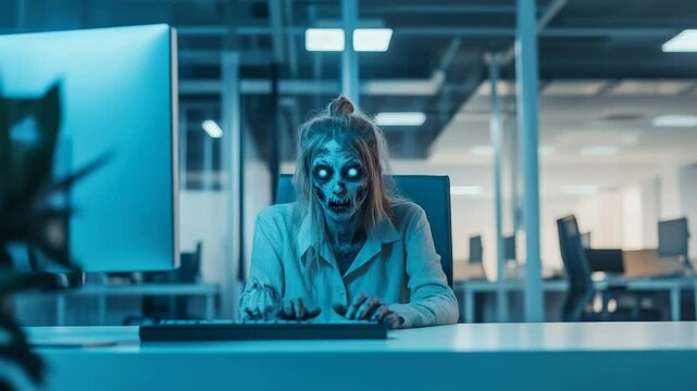 Post apocalyptic office scene features an undead woman, her face decaying, diligently typing on a computer keyboard in a dimly lit, seemingly deserted office space