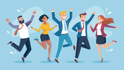 Diverse Cartoon Professionals Cheering and Leaping in Celebration Against a Light Blue Background