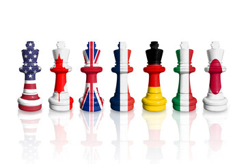 Flags of the group of seven or G7. Chess made from USA, Canada, UK, France, Italy, Germany and...
