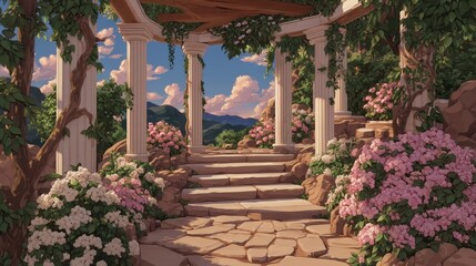 Serene Garden Path  Classical Columns  Flowers  Mountain View