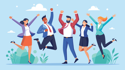 Energetic Vector Illustration of Diverse Professionals Celebrating Success, Showing Teamwork and Achievement