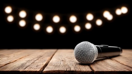 Obraz premium Vintage Silver Microphone on Wooden Table Stage Lights Background