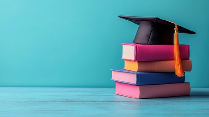 Students gather around stacked books wearing graduation cap in a bright study space promoting education and learning