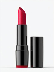 Obraz premium A close-up of a red lipstick in a black tube. The lipstick is partially exposed, showcasing its vibrant color and smooth texture. The background is plain and neutral.
