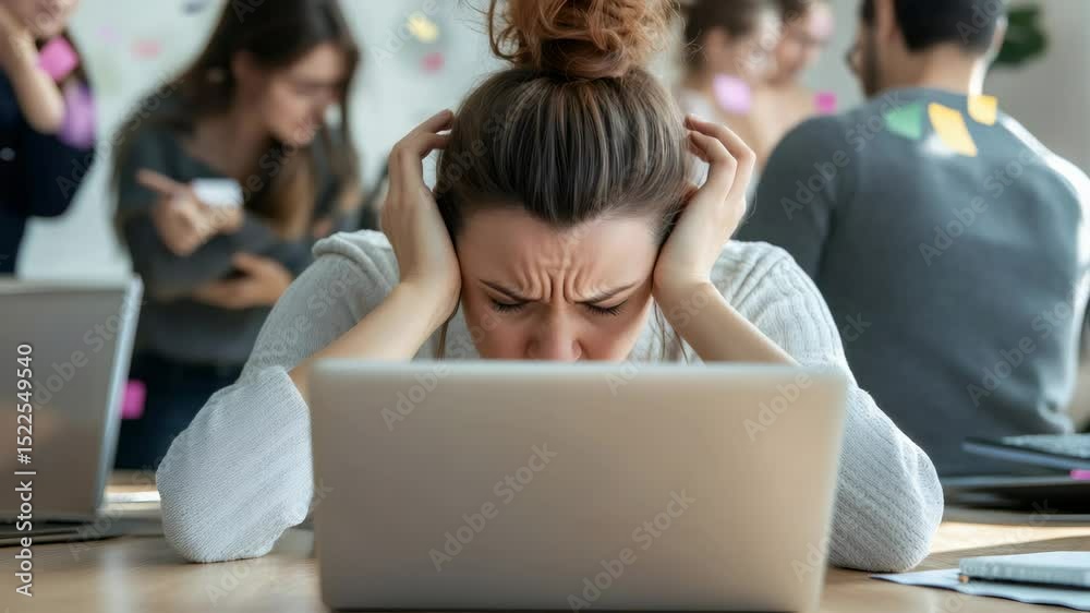 Poster professional female ignoring coworkers' loud argument, blocking ear noise while typing on laptop in 