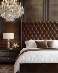 A luxury bedroom with a tufted velvet headboard, modern chandelier, and plush bed linens