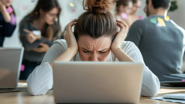 Professional female ignoring coworkers' loud argument, blocking ear noise while typing on laptop in crowded open workspace, experiencing workplace stress and communication disruption