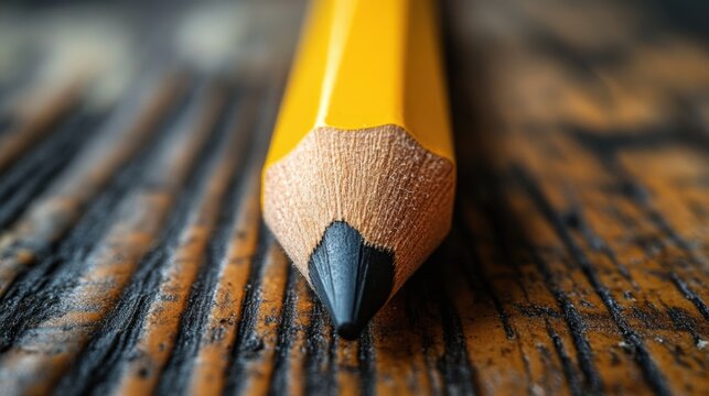 Close-up of a sharpened yellow pencil resting on a wooden surface in a study environment during a quiet study session