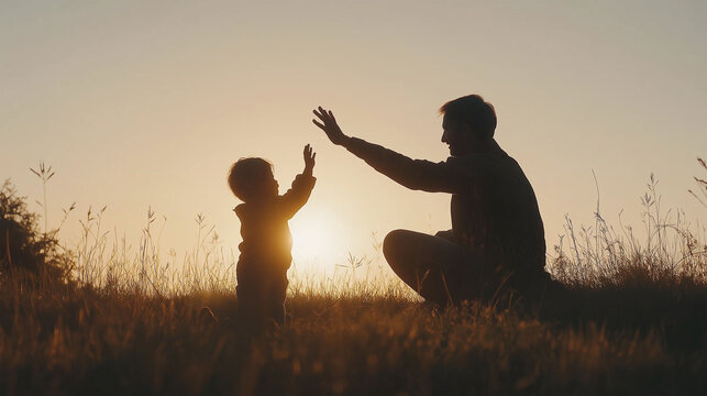 Father and Son Silhouette Giving High Five at Sunset in Nature