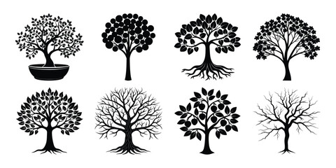 set of trees silhouettes. Vector silhouette of tree on white background.