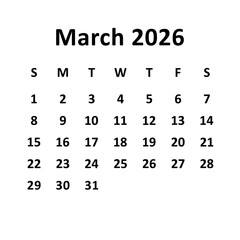 march 2026. monthly calendar design. week starts on sunday. printable, editable, simple, and clean vector design isolated on white background.