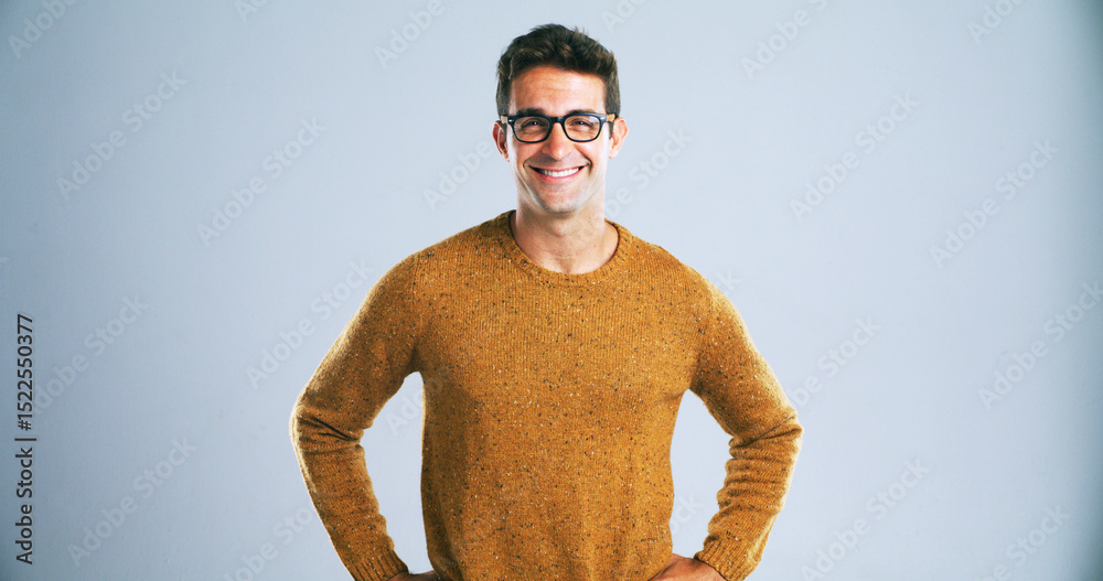 Poster Glasses, IT support and portrait of man in studio for computer engineering or development. Confidence, eyewear and smile of happy tech guru isolated on white background for programming satisfaction