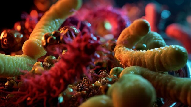 Abstract microscopic view of various bacteria cells, germs, and bacilli colonies with spherical, spiral, and rod shapes on a dark background.