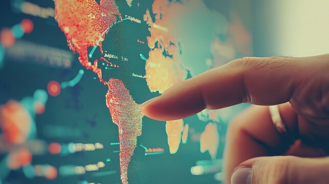 A finger points to a digital world map overlaid with data.