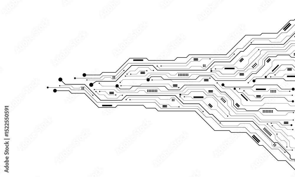 Poster Abstract black circuit board technology connected lines electronics elements computer motherboard chip processor semiconductor digital on white background vector