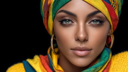 Obraz premium Stunning Portrait Young Woman in Colorful Head Wrap Dramatic Lighting