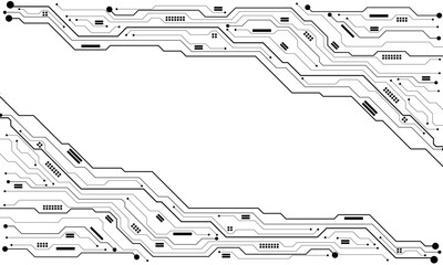 Abstract black circuit board technology connected lines electronics elements computer motherboard chip processor semiconductor digital on white background vector