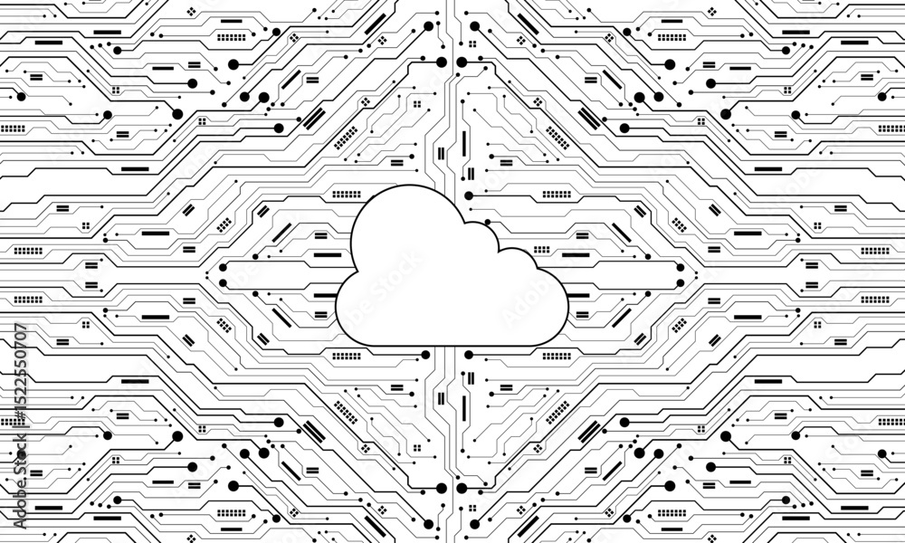 Poster Abstract black circuit board technology cloud server big data connected lines electronics elements computer digital on white background vector