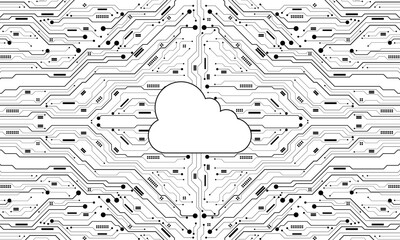 Abstract black circuit board technology cloud server big data connected lines electronics elements computer digital on white background vector