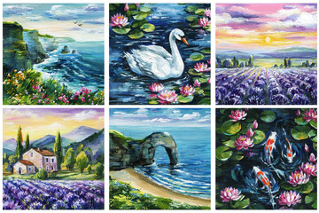 Acrylic landscape painting set with lavender fields, seaside cliffs, water lilies, koi fish, swan, Provence farmhouse, sunrise