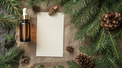Pine essential oil in a glass bottle Branches of coniferous trees, Generative AI,