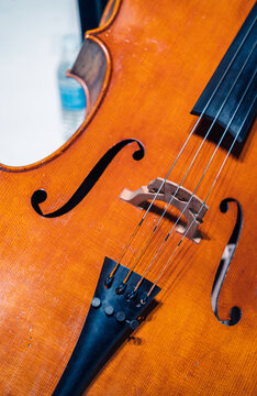 Close-up of a cello focusing on strings and body