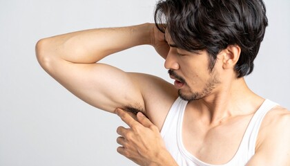 Young man in white tank top inspecting his armpit with a curious expression on plain background
