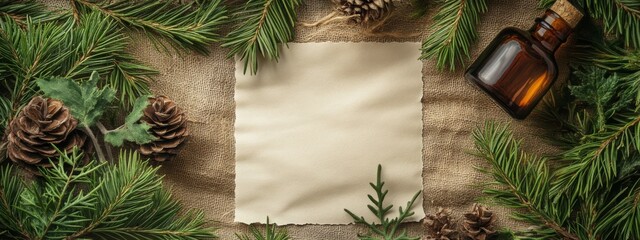 Pine essential oil in a glass bottle Branches of coniferous trees, Generative AI,