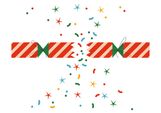 Party open cracker with confetti. Festive fun. Merry Christmas and Happy New Year. Open with serpentine sparkles. Festive fun. Broken Christmas cracker with streamers. Holiday petard flapper surprise