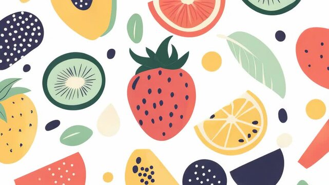 Colorful fruit pattern with strawberries, melon, oranges, blueberries, peach, apple, and other fruit s.