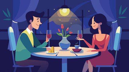 Couple at Romantic Dinner with Wine, Flowers, and Night View Illustration