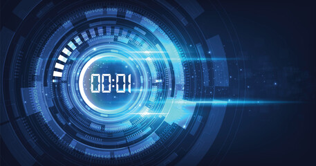 Abstract Technology Background with Digital number timer and countdown on a dark blue background.