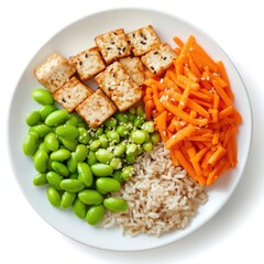 Vegan Tofu Bowl with Brown Rice, Edamame, and Carrots