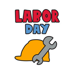 Labor Day. Safety yellow helmet and wrench. Flat vector illustration on white background.